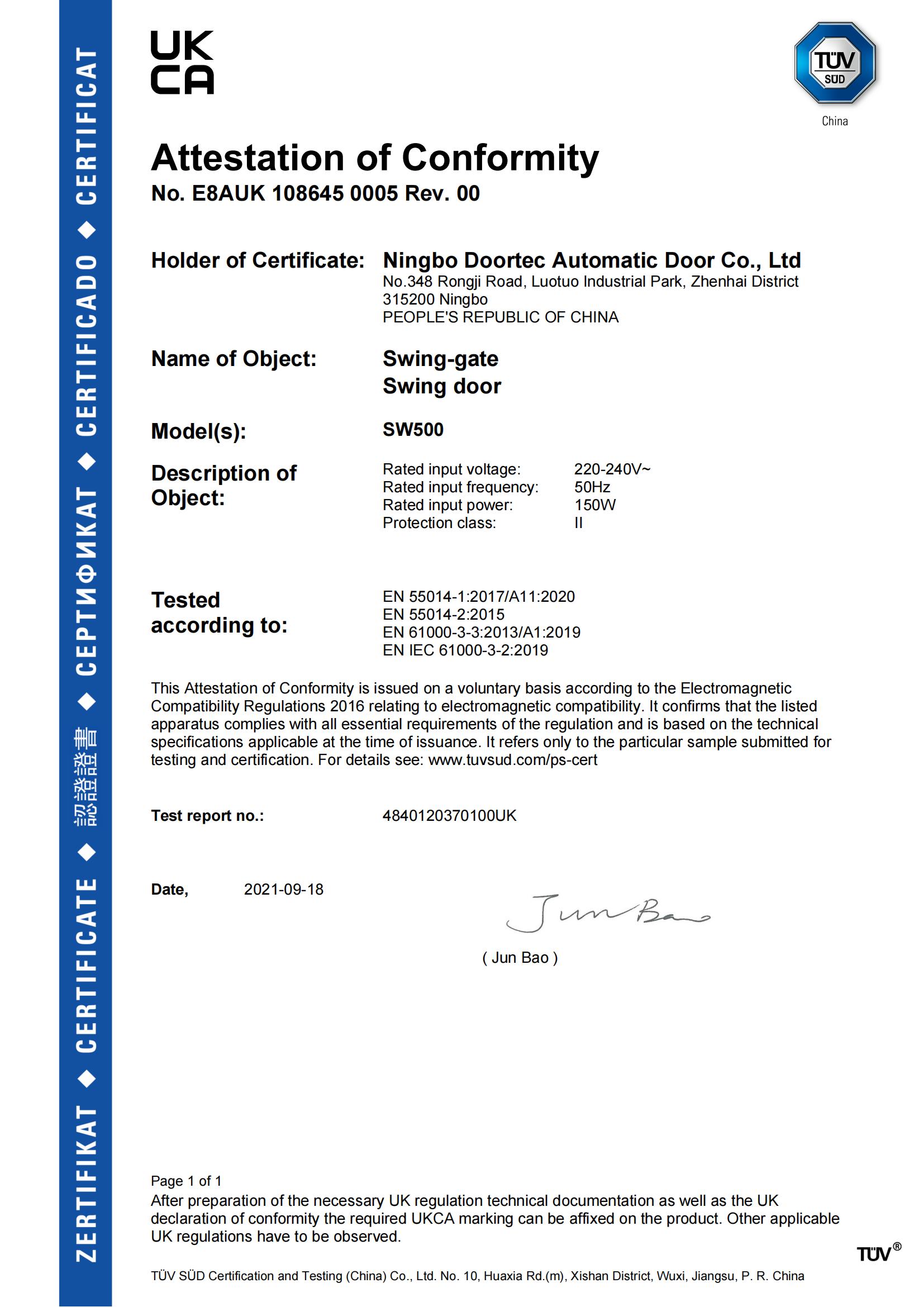 Electrical safety testing certificate for microcomputer autogate control boards